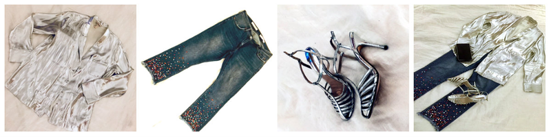 Silver pajama top + embellished jeans + silver heels = festive/dressy casual